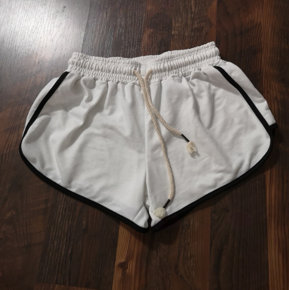 White Cotton Athletic Shorts With Black Stripes